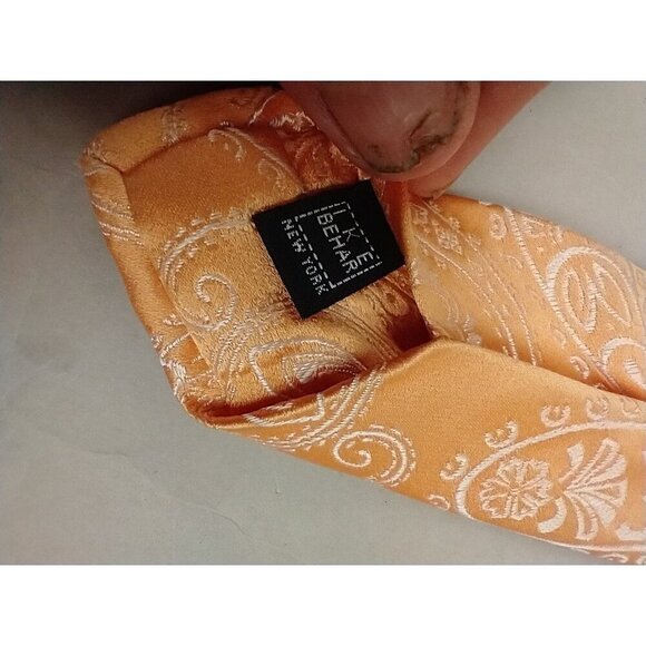 IKE BEHAR 100% Silk Necktie USA Designer Peach Paisley Embroidery Square EUC - Picture 4 of 9